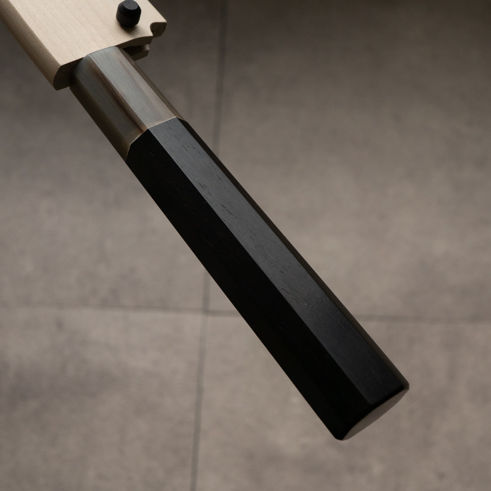 堺一文字光秀 白撰鋼 水焼本焼 先丸蛸引包丁 黒檀柄 鞘付き